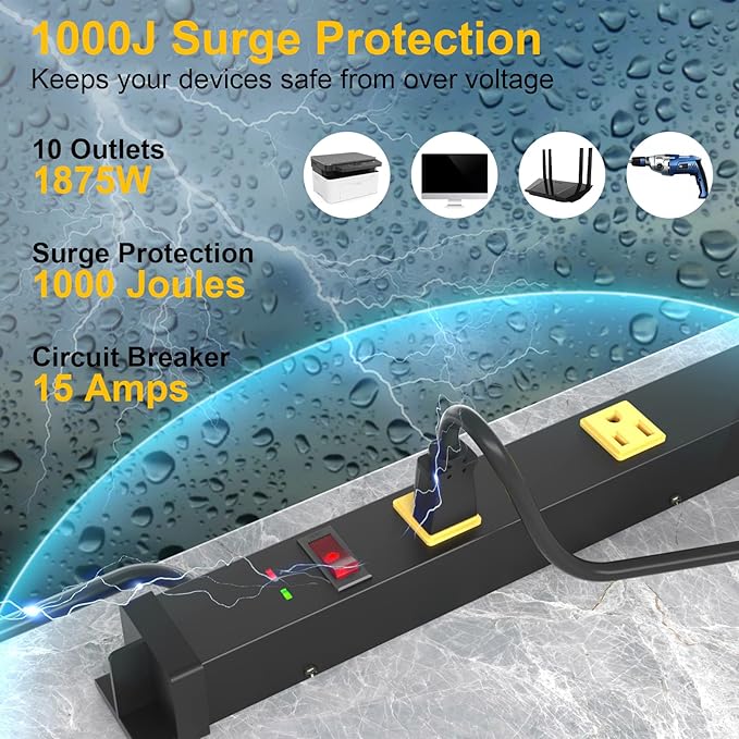 10 Outlet Surge Protector, Long Metal Wide Spaced Garage Industrial Power Strip - Image 3