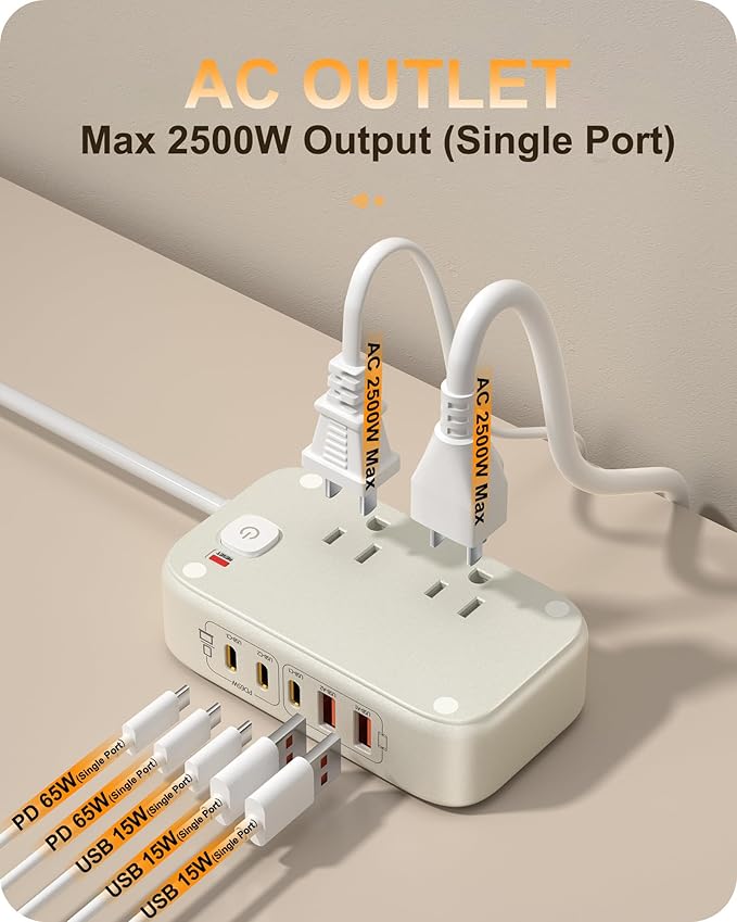 KWRNVO Power Strip with USB Ports 175W GaN 7-in-1 USB C Charging Station Type C - Image 4