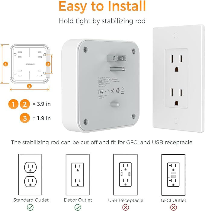 Multi Plug Outlet Extender, TESSAN 4 Outlet Splitter 3 USB Wall Charging Ports - Image 5