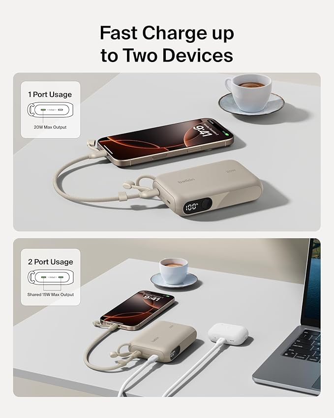 Belkin Portable Charger, Slim USB-C Power Bank 10, 000mAh w/ 2 USB-C Ports - Image 2