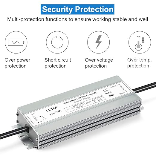 LLTOP LED Driver 60 Watts Waterproof IP67 Power Supply AC100-264V to 12V DC 5A - Image 2