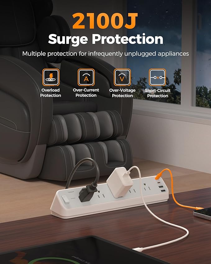 TESSAN Desk Clamp Power Strip 6 Ft, 2100J Surge Protector, 5 Outlets and 4 USB - Image 2