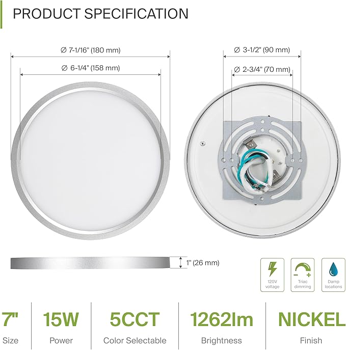 ASD LED 7" Round Flush Mount Ceiling Light Fixture, Low Profile Surface - Image 2