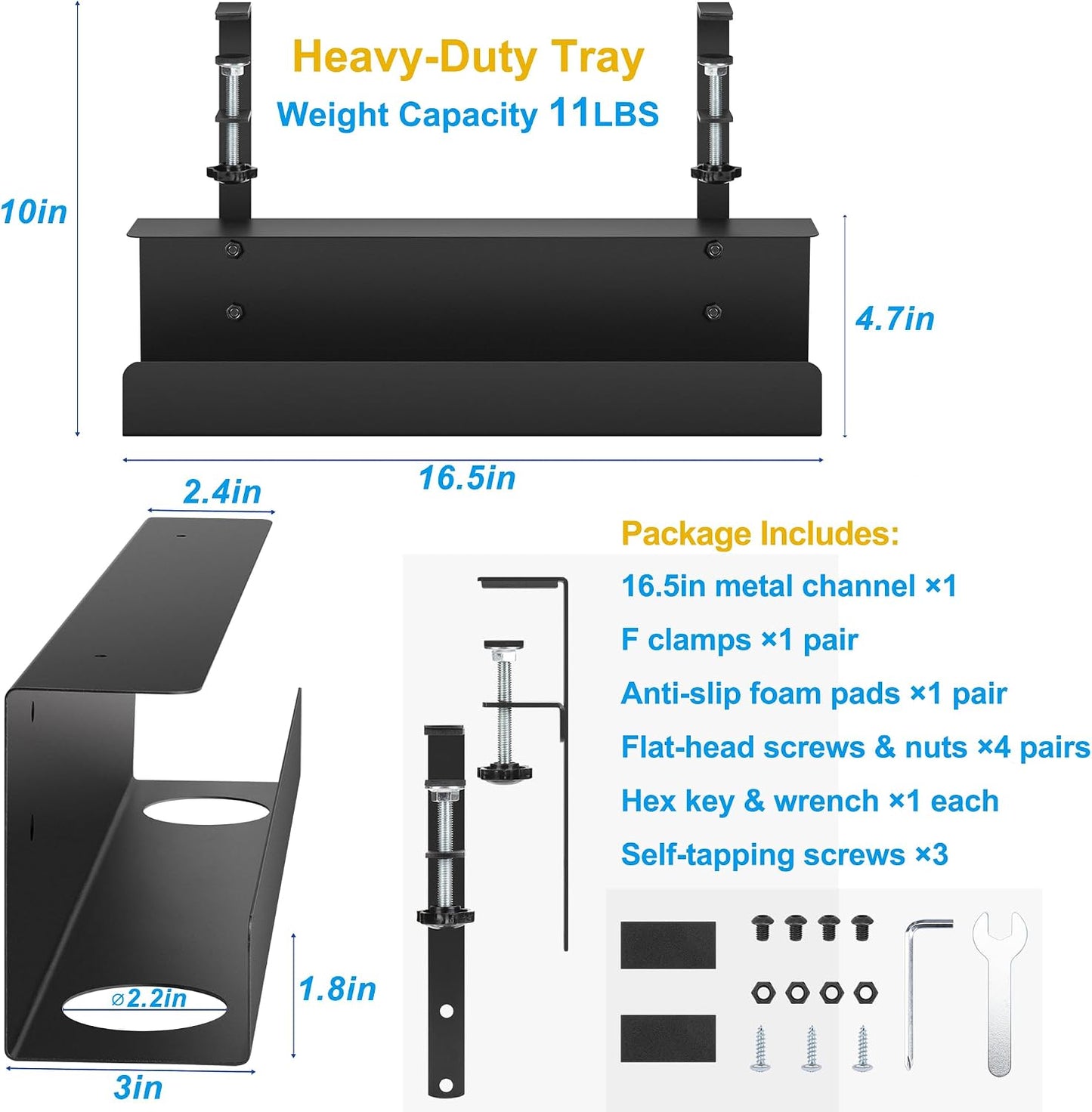 ZhiYo 16.5in Steel Cable Management Under Desk Tray, Large Clamp-On Under Table Cord Hider Tray, No Drill Cable Organizer for Desk, Wire Management Raceway, Black Rack, W3in x H4.7in