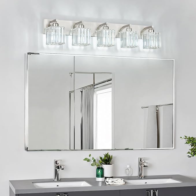 FDPBY Modern Vanity Light 5-Lights Brushed Nickel Vanity Light Crystal Bathroom - Image 7