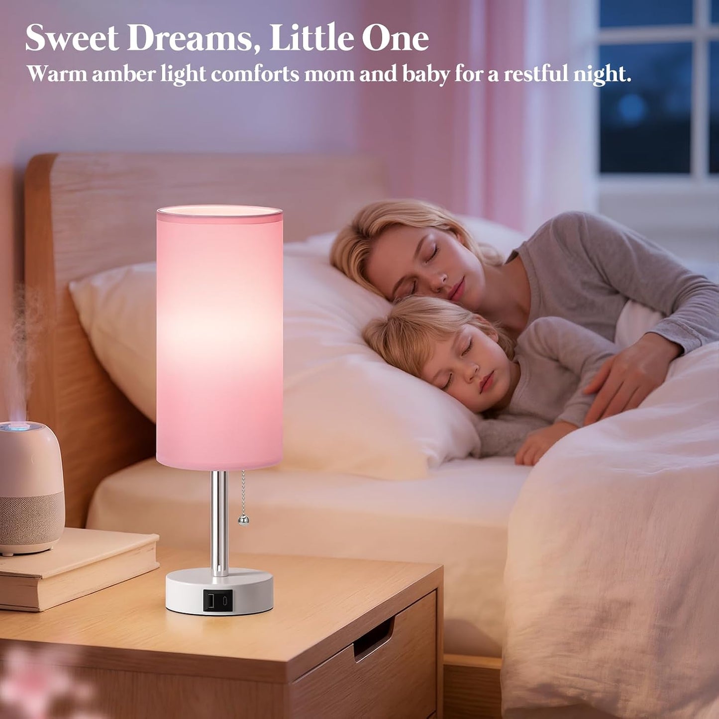 Dicoool Pink Bedside Table Lamp for Girls Bedroom - USB A+C Charging Ports | 3 Color Temperatures, Bulb Included, Pink Fabric Shade, White Metal Base, Cute Pink Room Decor, 14" Desk Lamp for Kids Dorm