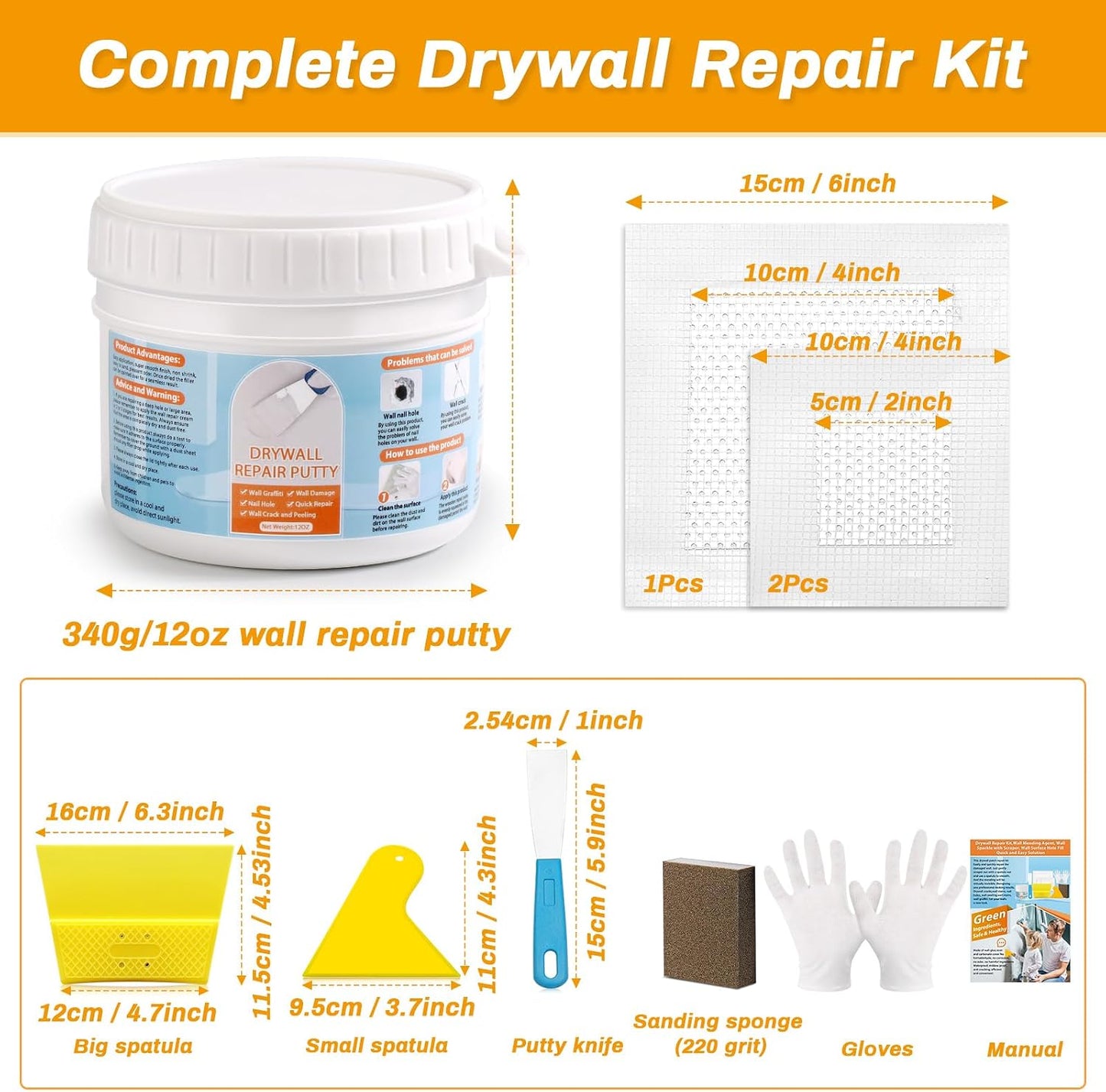 Drywall Repair Kit, Wall Surface Hole Patch Repair Kits with 12OZ White Putty Hole Filler, Fix Wall Surface and Creak Damage with Scraper, Sanding Pad Fill Quick and Easy Solution