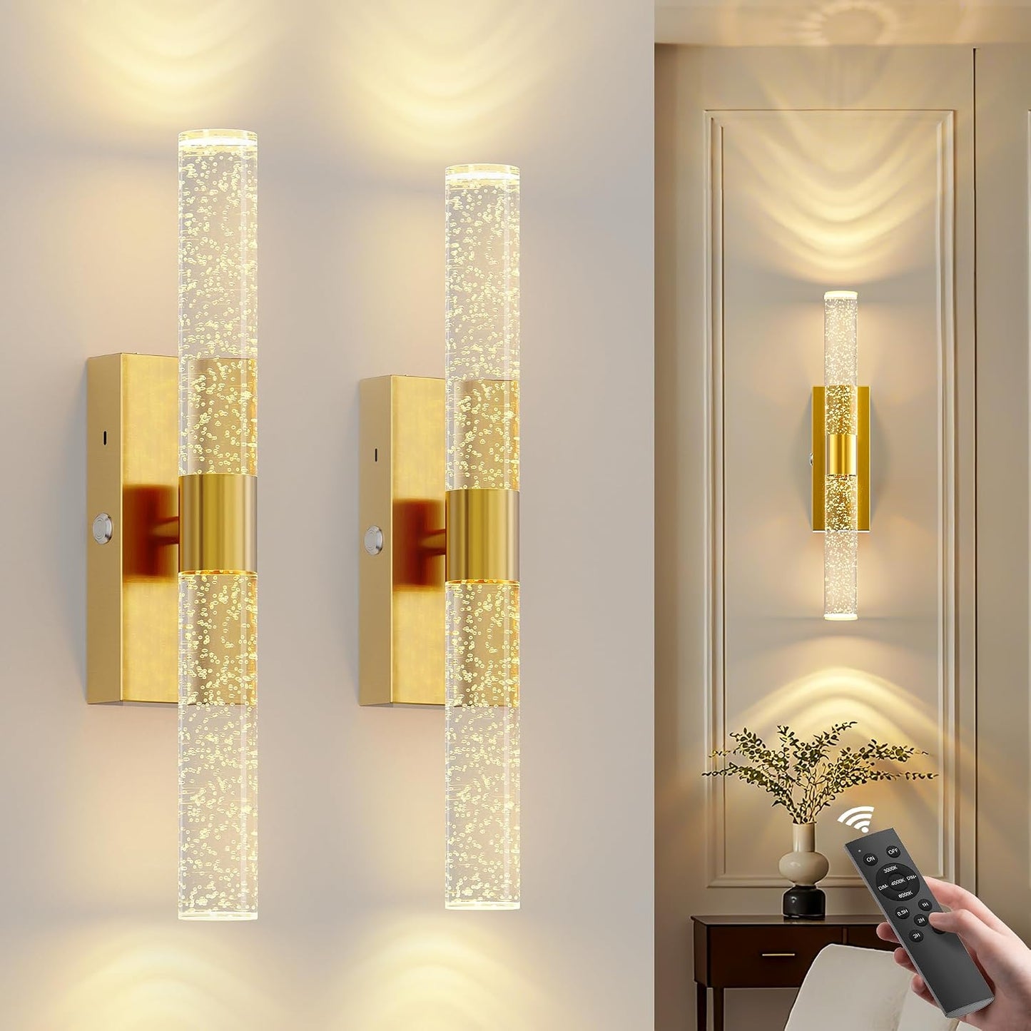 17 Inch Battery Operated Wall Sconces Set of two with 20000mAh Battery | Rechargeable Wall Lights with 3 Color - Wireless LED Arylic Wall Lamp with Remote for Bedroom Bathroom Hallway Living Room