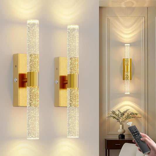17 Inch Battery Operated Wall Sconces Set of two with 20000mAh Battery | Rechargeable Wall Lights with 3 Color - Wireless LED Arylic Wall Lamp with Remote for Bedroom Bathroom Hallway Living Room
