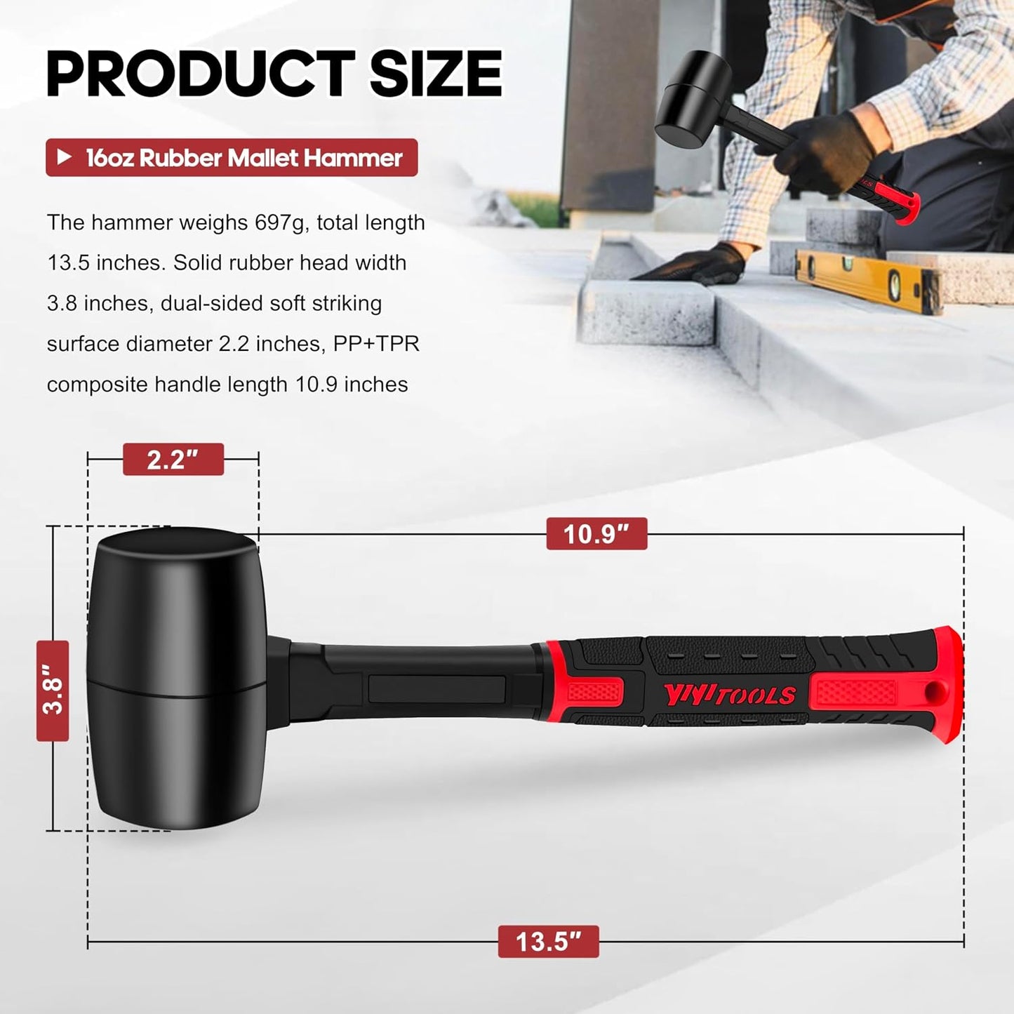 YIYITOOLS 16oz Rubber Mallet Hammer,Double Faced Soft Mallets,Durable Solid Rubber Head,Fiberglass Handle,Ergonomic Grip,Mallet for Flooring,Tent,Woodworking,Camping,Soft Blow Task without Damage