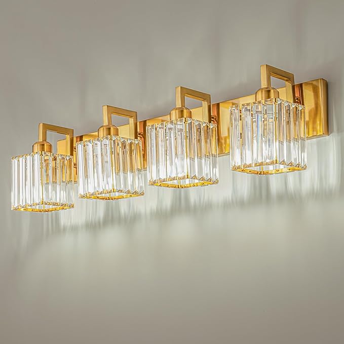 FDPBY Modern Crystal Bathroom Vanity Light 4-Lights Gold Brushed Brass Finish by FDPBY