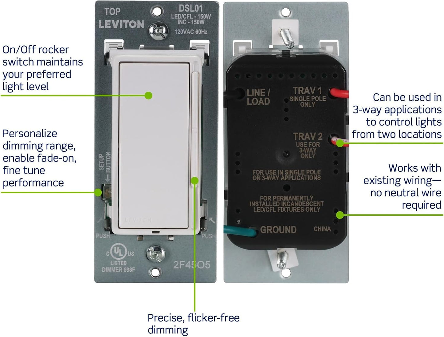 Leviton Decora Slide LED Advanced Dimmer Switch for 150W Dimmable LED, Halogen and Incandescent Bulbs and Fixtures, DSL01-LW, White