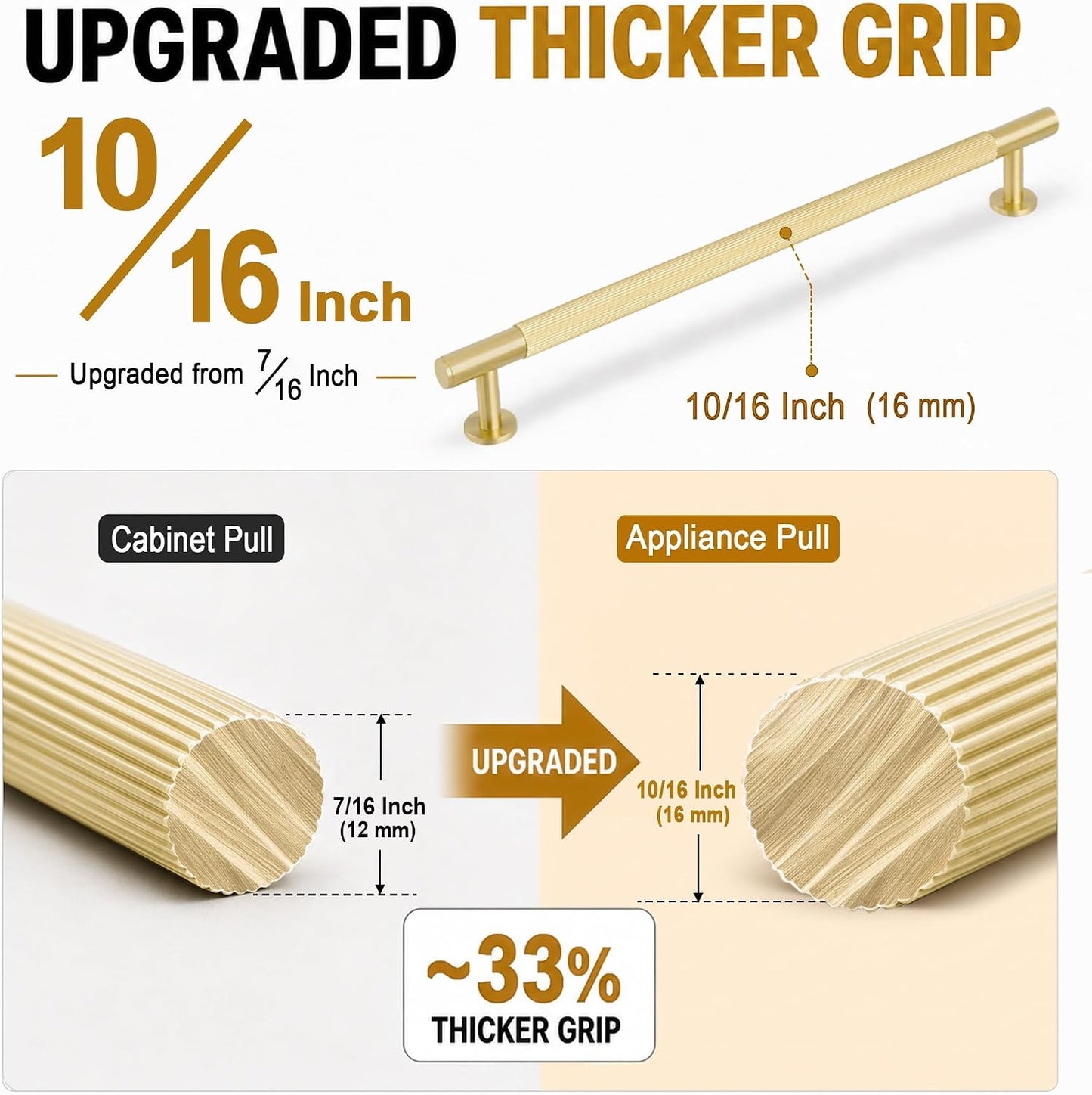 QOGRISUN Solid Brass Appliance Pull 18 Inch, Glod Long Cabinet Handles | Solid Brass, Grooved Texture, Fridge Handle, Refrigerator Pull, Appliance Handle, Heavy Duty, Brushed Brass Finish
