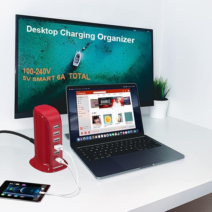 USB Phone Charger 6 Ports 40W Upoy, Type C Wall Charger Smart 6A, Charging Tower - Image 2