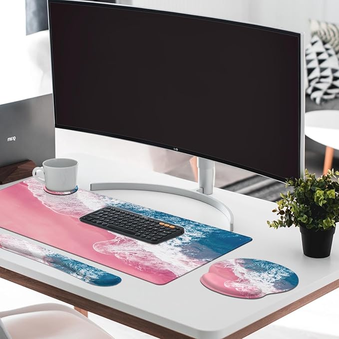 Britimes Blue Sea Keyboard Mouse Pad Set Pink Sand Beach 4in1 Large - Image 2