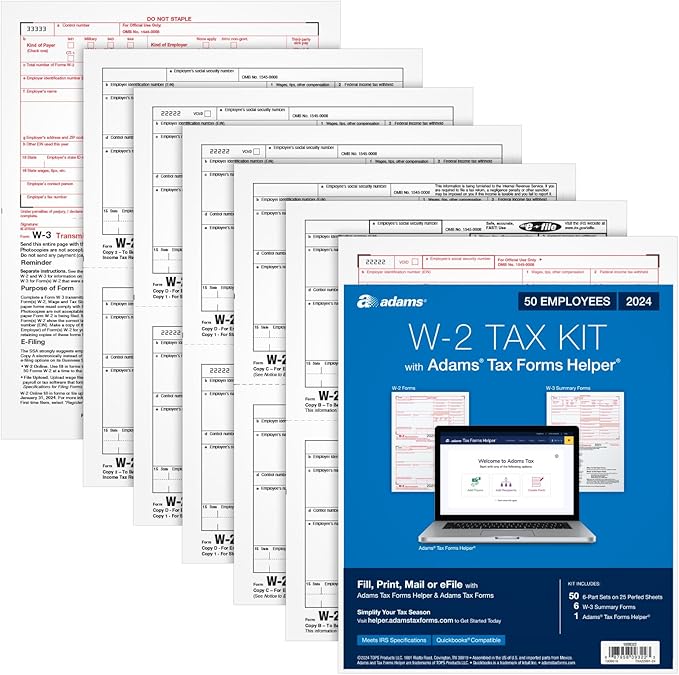 Adams 2024 W2 Tax Forms 2024, 6 Part Laser/Inkjet Tax Forms, 50 Employees by TOPSProducts