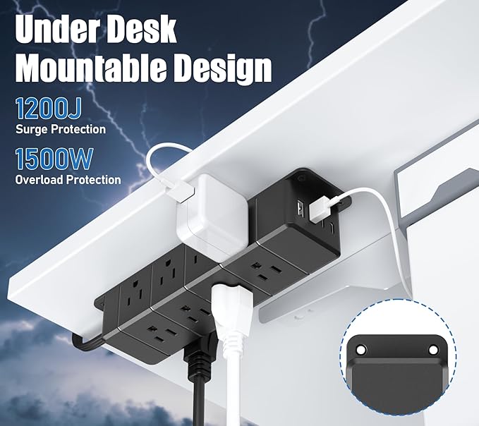 45W USB-C Fast Charging Under Desk Power Strip, 12 Outlet Mountable Power Strip - Image 4