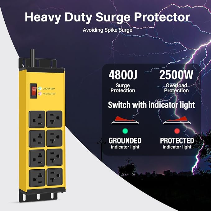 CCCEI Magnetic Heavy Duty Power Strip Surge Protector 20Amp, 12 Gauge High Amp - Image 2