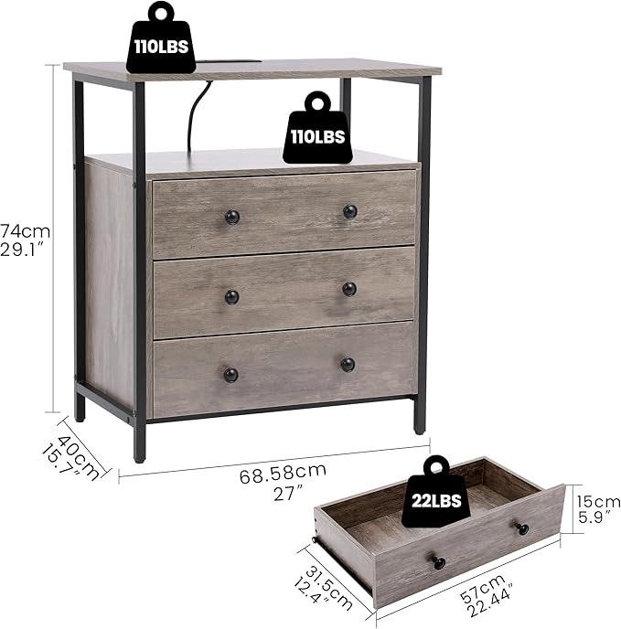 Edbuosy 3 Wooden Drawers Nightstand, 27 Inch Wide Night Stand Set 2 - Image 3