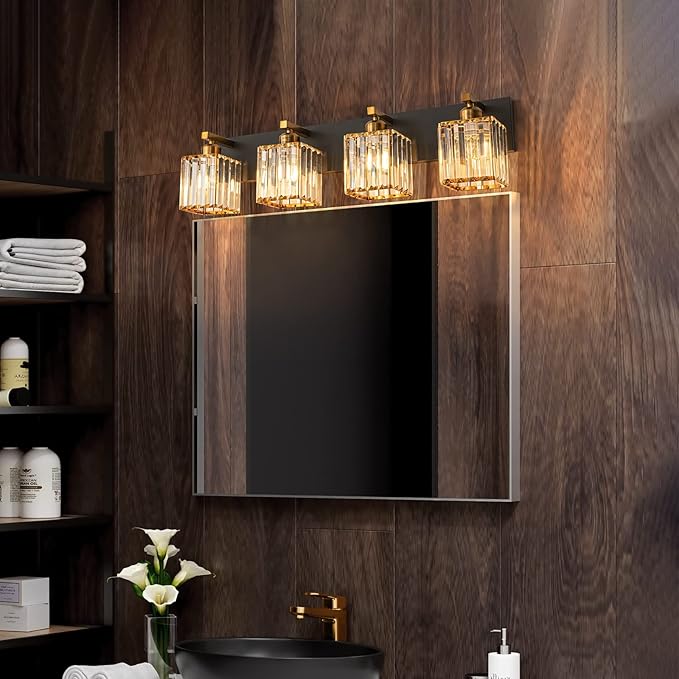 FDPBY Modern Bathroom Vanity Light 4-Lights Black Gold Crystal Bathroom Wall - Image 3