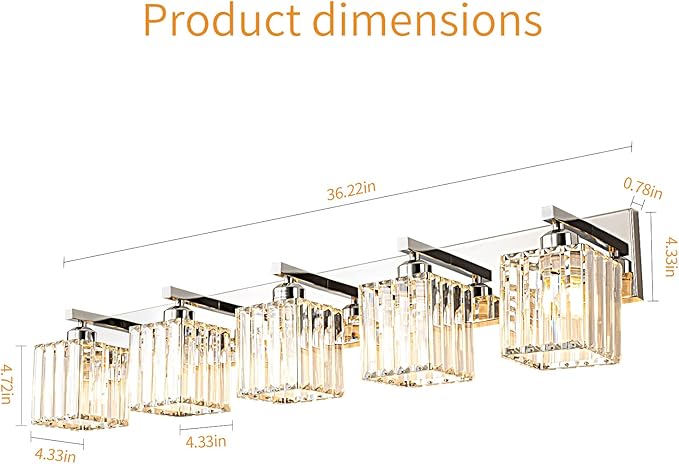 FDPBY Modern Vanity Light 5-Lights Chrome Crystal Bathroom Wall Light Fixtures - Image 5