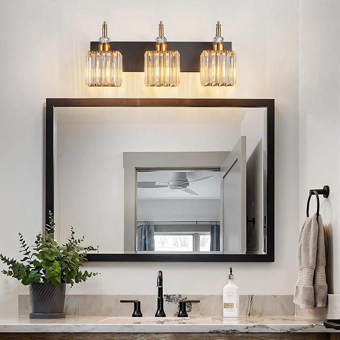 BBLLWJ Modern Bathroom Vanity Light 3-Light Black and Gold Crystal Light - Image 6
