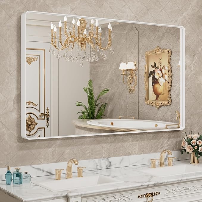LOAAO 60x36 Inch White Metal Framed Bathroom Mirror by LOAAO