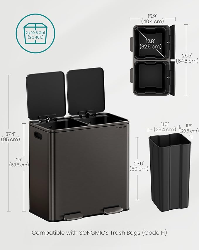 SONGMICS Trash Can, 2 x 10.6 Gallon Garbage Can - Image 5