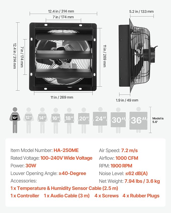 VEVOR 10 inch Shutter Exhaust Fan, Wall Mounted Attic Vent Fan - Image 7