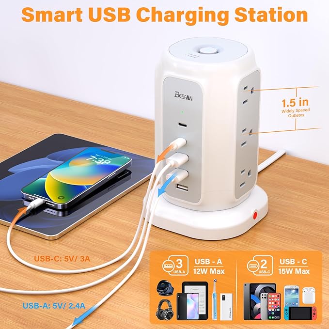 BESFAN Power Strip Tower, 1625W Surge Protector - Image 4