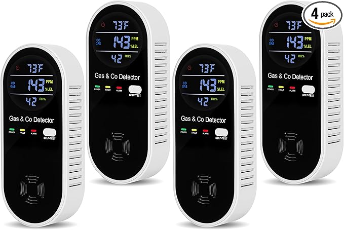 4 Packs Carbon Monoxide Detectors Plug in, 4-in-1 Natural Gas Leak Detector & by Lunarlipes