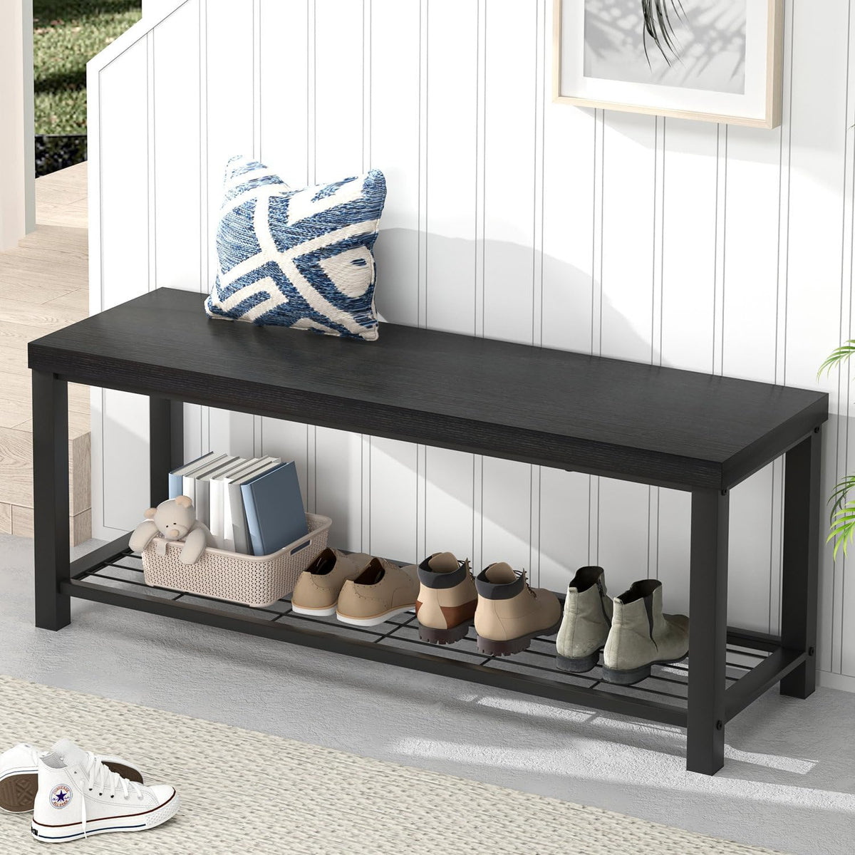 excefur entryway bench, modern wood and metal storage, main product view