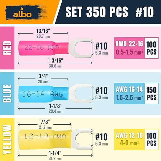 ALBO 350PCS Heat Shrink Fork Spade Connectors Kit #10 – 22-10 AWG Tinned Copper - Image 2