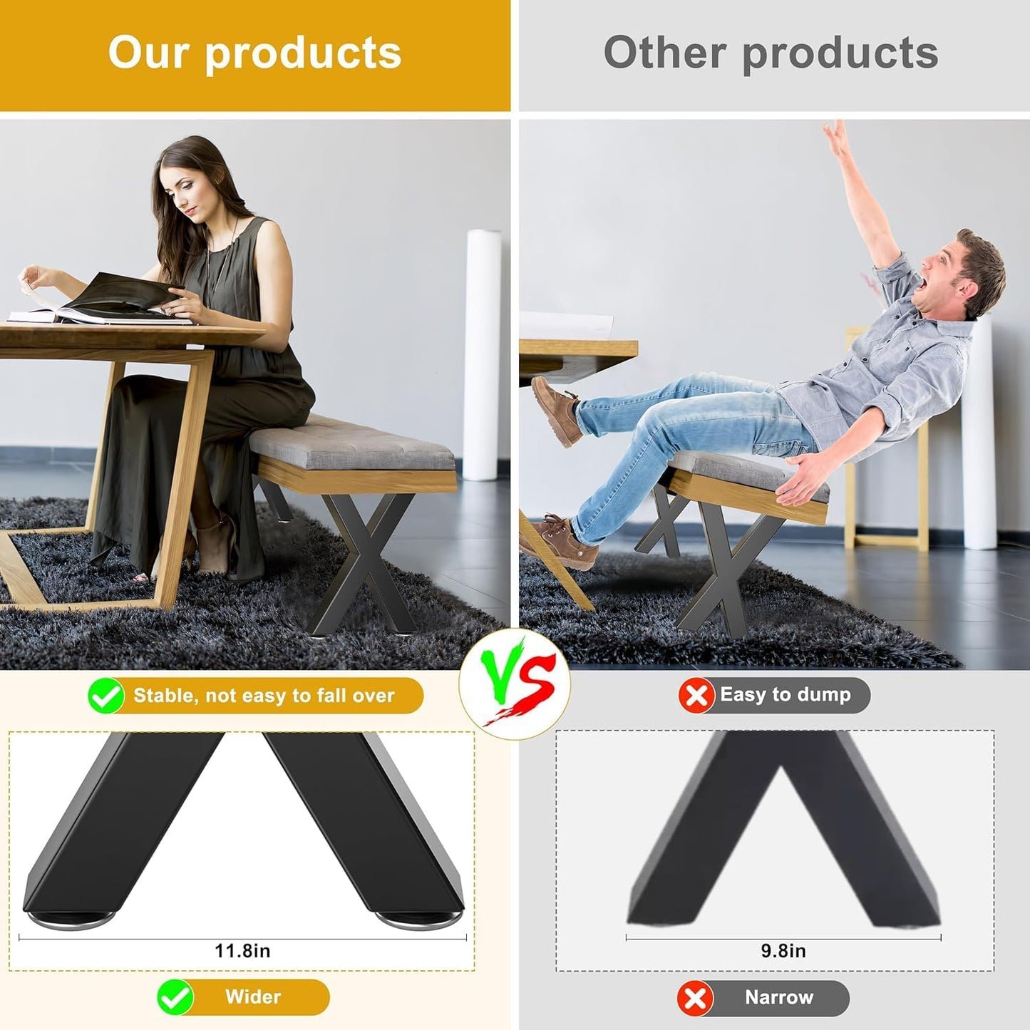 28" Metal Coffee Table Legs, Sturdy Black Bench Legs, Suitable for DIY Furniture Legs, Dining Tables, End Table, Chair, Desks, and Benches - 71 cm H x 45 cm W, Set of 2 (28" X-Type)