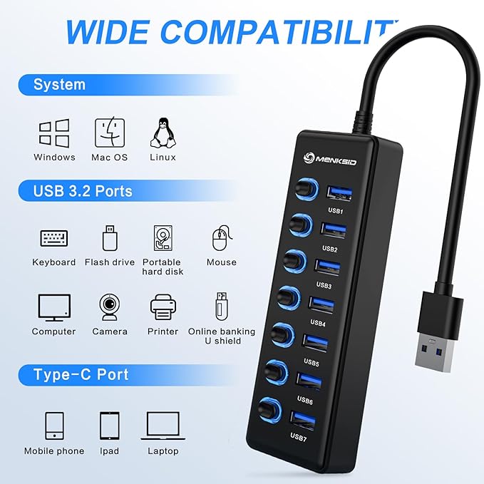 7-Port USB 3.0 Hub, Data USB Hub Splitter - Image 4