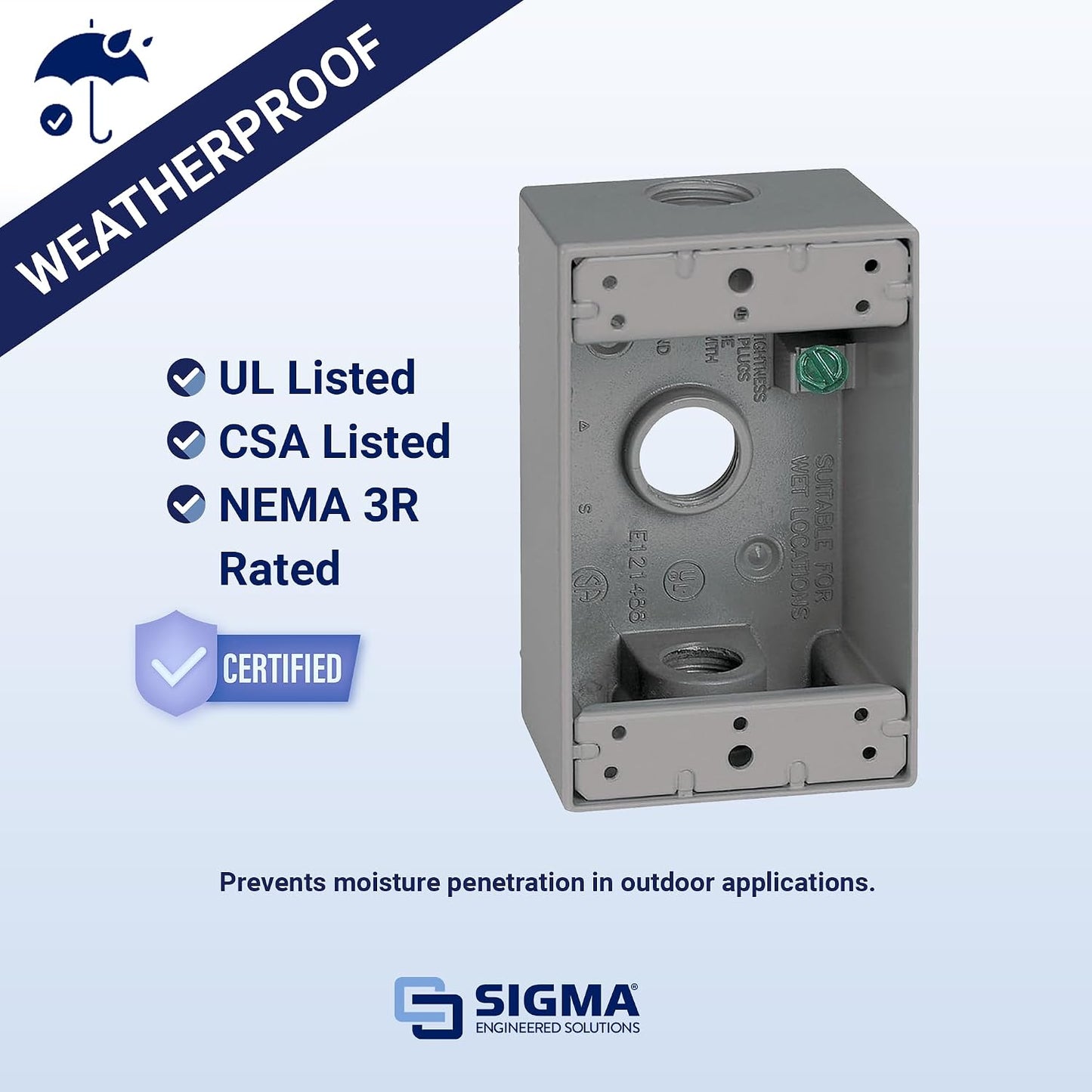 Sigma Engineered Solutions 14250 Weatherproof 1/2" 3 Hole 1-Gang Box, Gray
