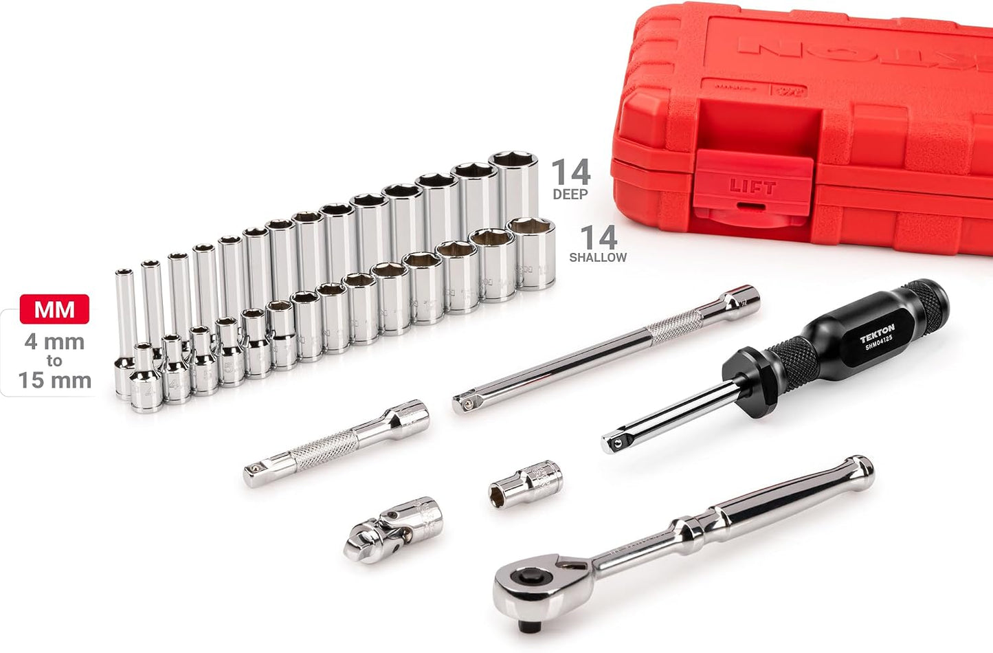 TEKTON 1/4 Inch Drive 6-Point Socket and Ratchet Set with Case, 34-Piece (4-15 mm) | SKT05202