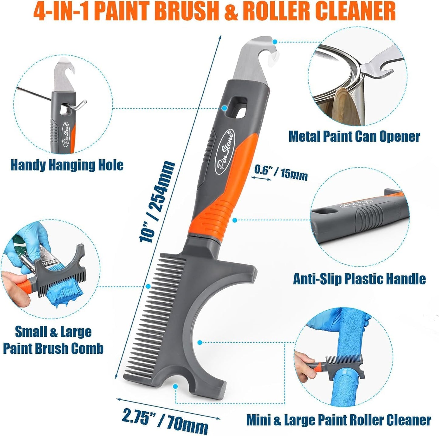4-in-1 Paint Brush Comb and Paint Roller Cleaner Tool | with Metal Can Opener, Sturdy Plastic Painters Tool, Ideal for Small, Medium, Large Paintbrush & Roller Cleaning Washing