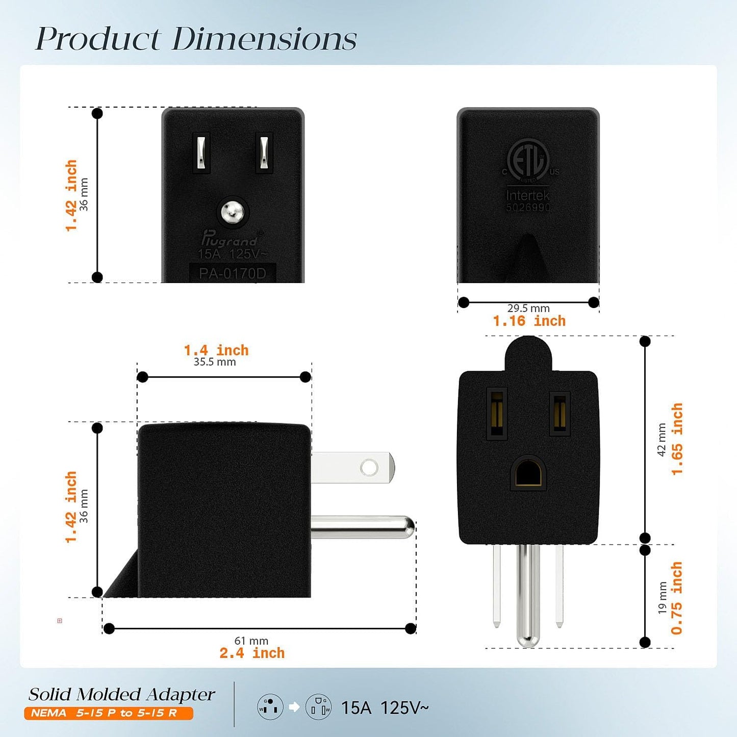 ETL Listed 90 Degree NEMA 5-15P USA 3 Prong Male-Female Adapter | 90 Degree Downward Angled USA Male to Female Power Adapter, 5-15P to 5-15R Direction Changer Space Save, Black, PA-0170D