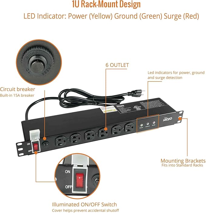 Tecmojo 1U Rackmount Network-Grade PDU Surge Protector Power Strip, 12 Outlets - Image 4