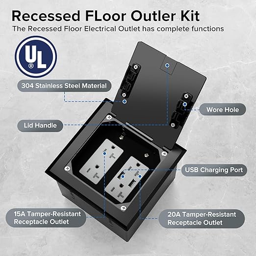 Vagueior Recessed Flat Hidden Floor Electrical Outlet Box Kit, Stainless Steel - Image 2