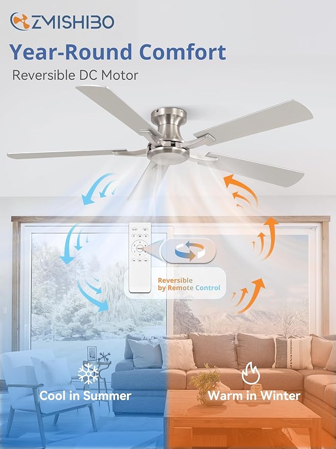 ZMISHIBO 52 Inch Ceiling Fan No Light, Flush Mount Low Profile, Modern Nickel - Image 5