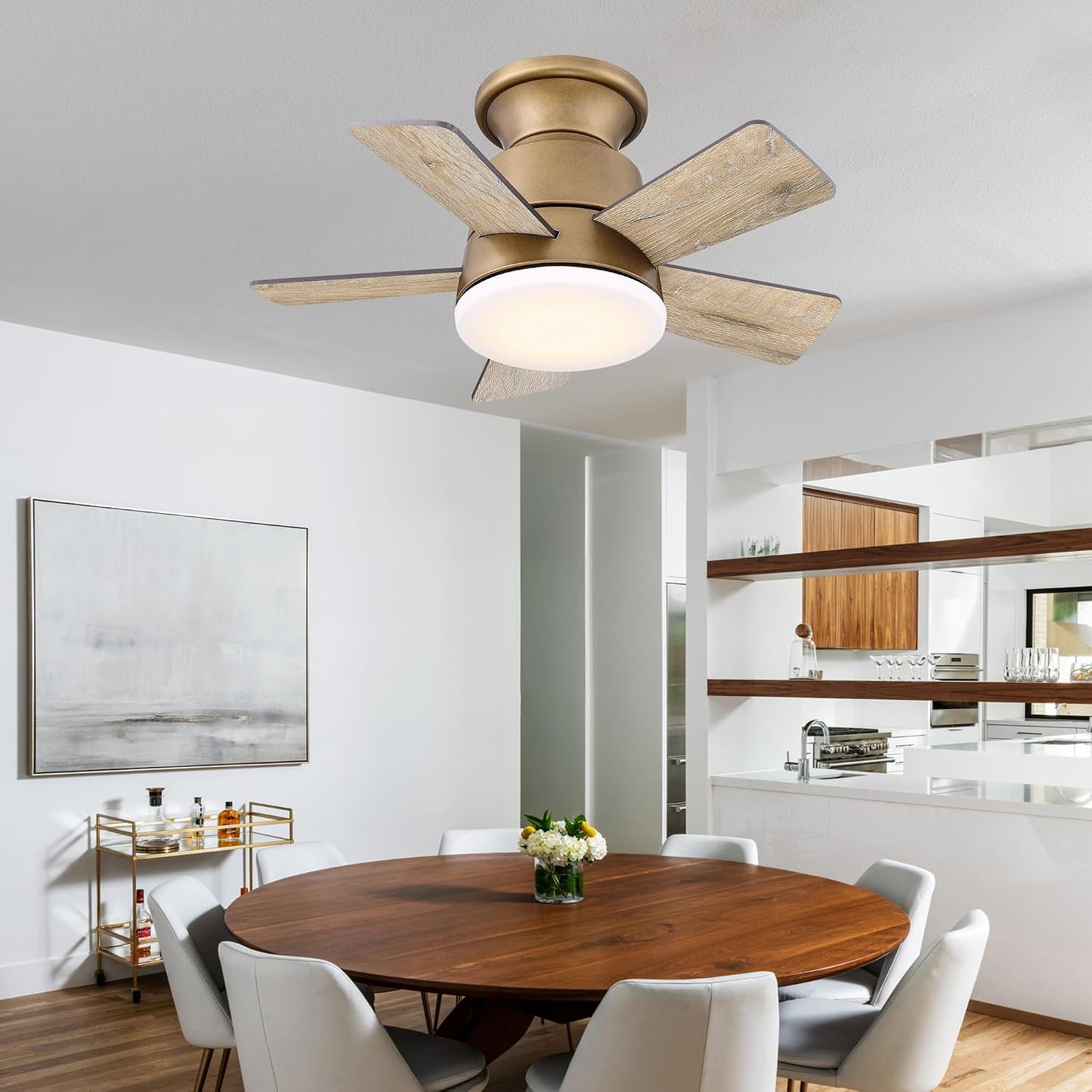 24" Flush Mount Ceiling Fan with Light and Remote, Small Ceiling Fan for Bedroom Kitchen Porch, Reversible Motor, Hugger Low Profile Fan with 3000K LED Light，Gunmetal Brown