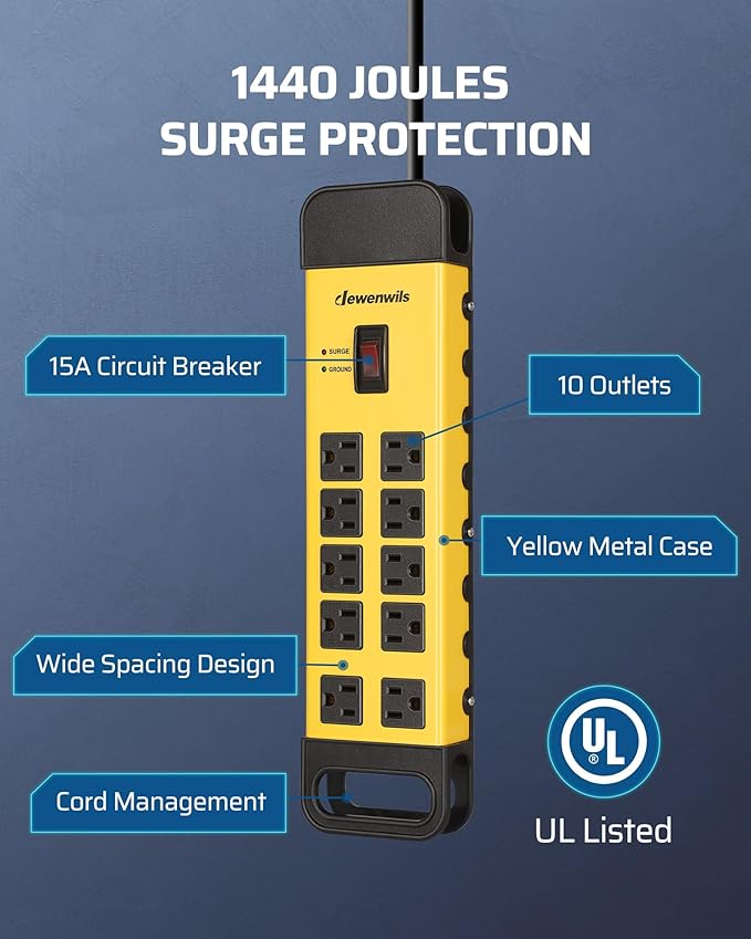 DEWENWILS 10-Outlet Metal Surge Protector Power Strip - Image 2