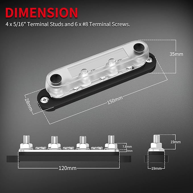 DAIERTEK Negative Bus Bar 12V Marine 4 x 5/16" Terminal Studs 6 x M4 Terminal - Image 2