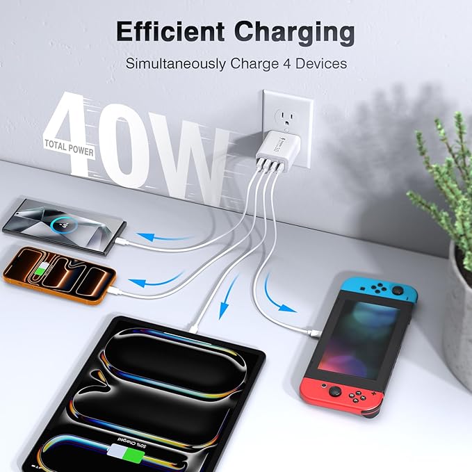 USB C Wall Charger, 40W Fast USB C Charger Block, 4-Port PD+QC Wall Plug Power - Image 3