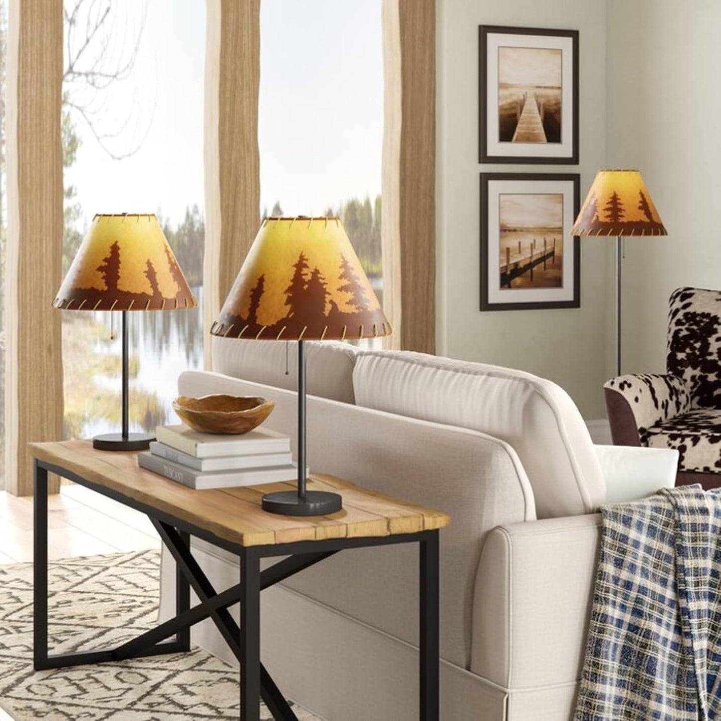 Catalina Lighting Rustic Cabin Lodge 3-Piece Table & Floor Lamp Set, LED Bulb NOT Included, 58", Forest Print, Set of 3