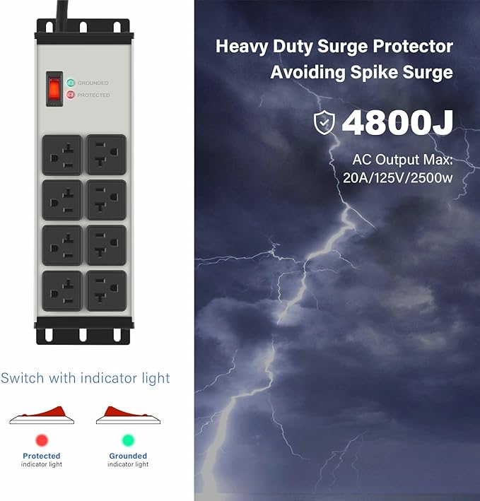 CCCEI Heavy Duty Power Strip Surge Protector 20 AMP, 8 Outlets 12 Gauge - Image 2