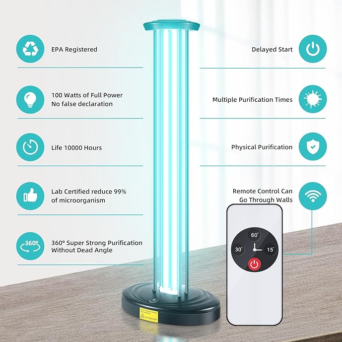 JTAPURE 100W UV Light with Ozone, 3-Gear Timer & Remote Control, Home - Image 2