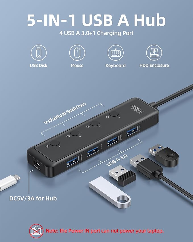 Selore USB 3.0 Hub, Selore 4-Port USB Hub Ultra-Slim Data USBA Splitter USBA - Image 2